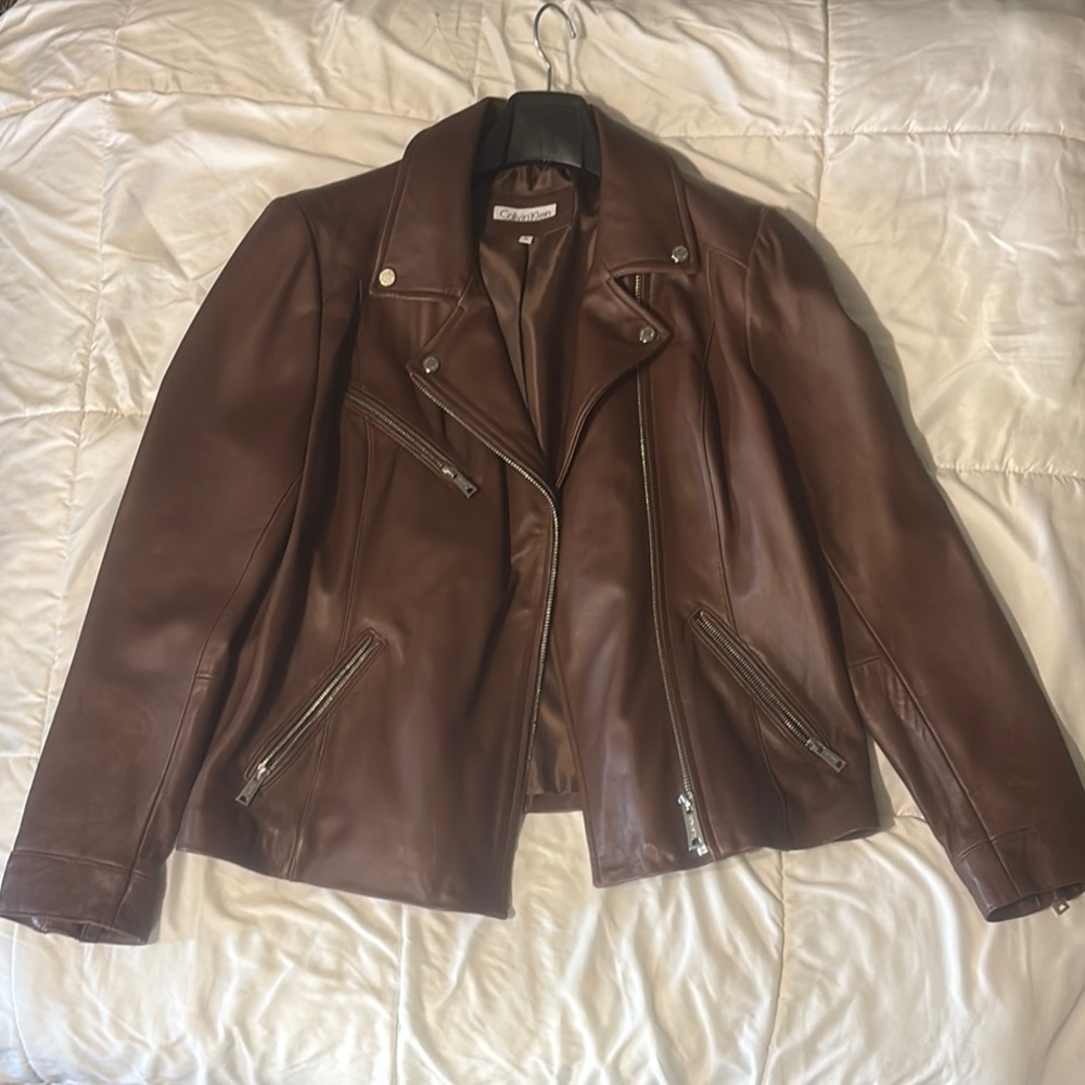 Calvin Klein Women’s Brown Leather Moto Jacket with Notched Lapel